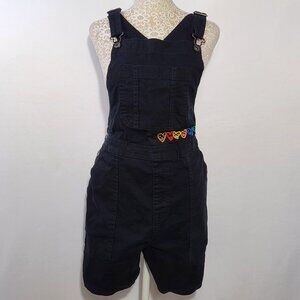 Pride Women's Size Large Sleeveless Black Embroidered Pockets Denim Shortall's